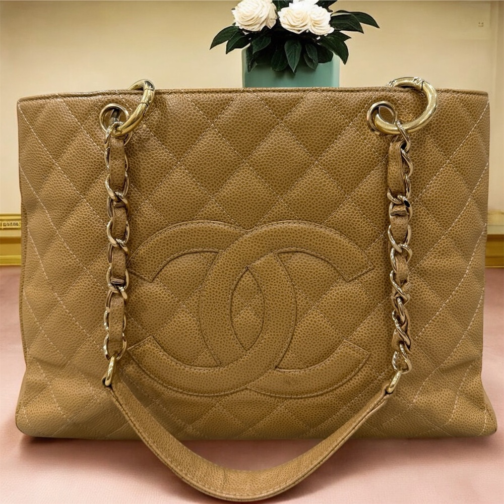 Authentic CHANEL GST Grand Shopping Tote – Quilted Caviar Leather Beige / Camel